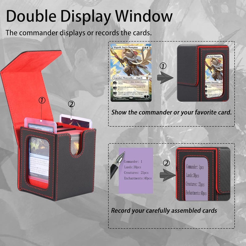 Stepane Commander Deck Box for MTG with double display windows,Card Storage Box Fits 120+ Single sleveed Cards,Magnetic Card Box with 2 Dividers&2 Toploaders for TCG Blue/Red - Image 3